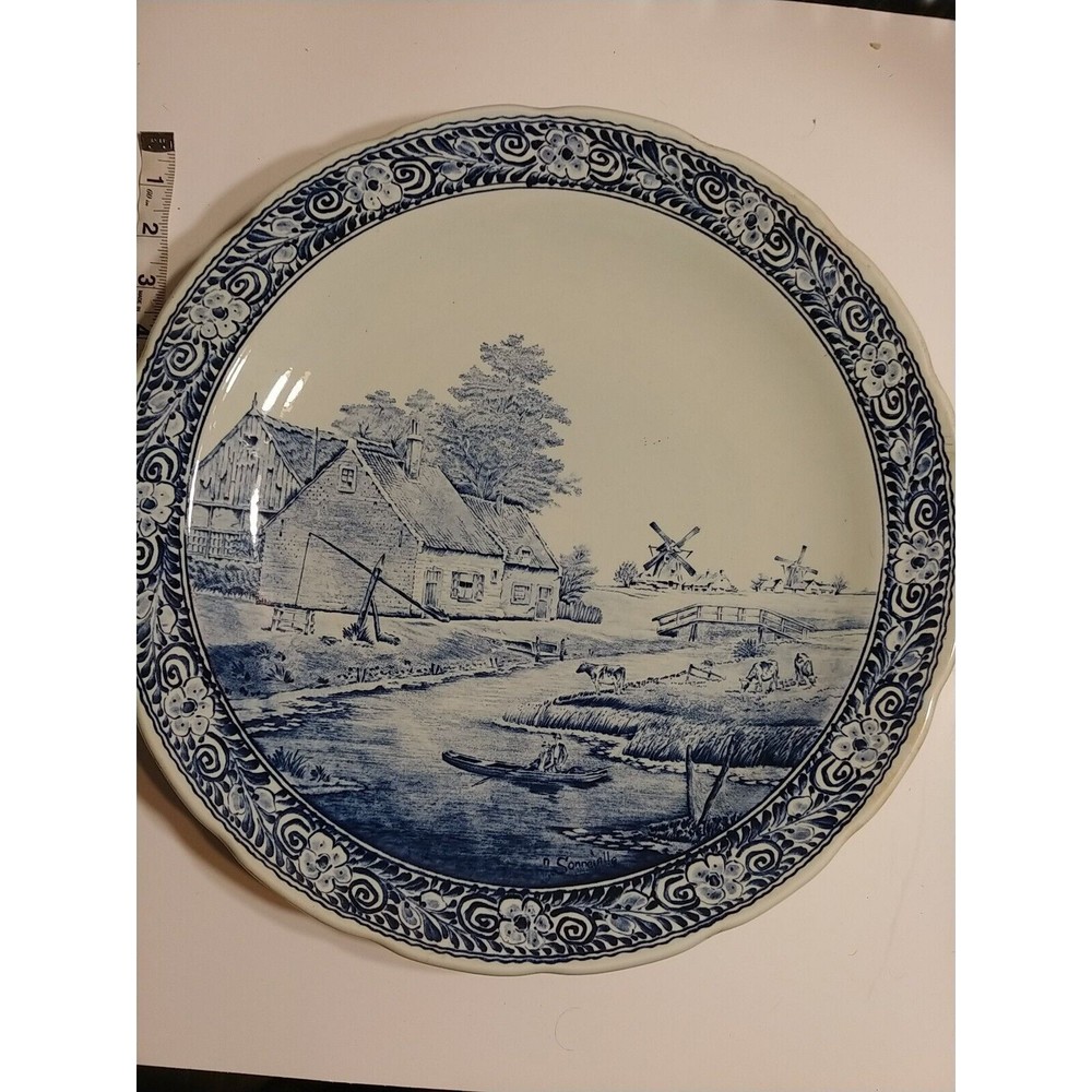 Boch Delfts Pottery Hanging WALL Plate Charger 15" LARGE WINDMILL FARM Signed